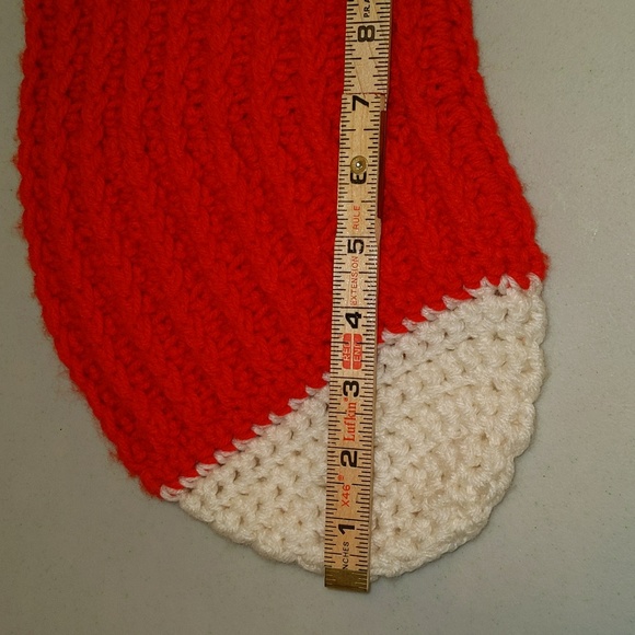 Handmade Red and White Lace Up Yarn Christmas Holiday Stocking - Picture 9 of 12